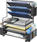 Simple Trending 7 Tier Desk File Organizer, Letter Tray Paper Organizer with Pen Holder and Metal Hanging Basket, Black - Image 2