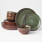 Stoneware Dinnerware Sets Service for 4, 12 pcs Reactive Glaze Plates and Bowls Sets, Handmade Ceramic Dish Set, Highly Chip and Crack Resistant Modern Plate Set, Brown Green - Image 2