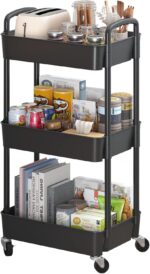 Sywhitta 3-Tier Plastic Rolling Utility Cart with Handle, Multi-Functional Storage Trolley for Office, Living Room, Kitchen, Movable Storage Organizer with Wheels, Black - Image 2
