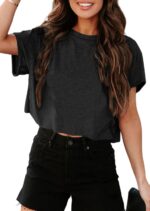 Tankaneo Women Short Sleeve Cropped T-Shirts Crew Neck Loose Crop Tops Summer Casual Drop Shoulder Basic Tees - Image 2