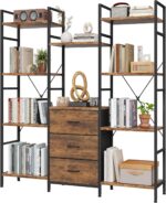 Triple Bookshelf with 3 Fabric Drawers, 4-Tier Book Shelf and 10 Display Shelves, Industrial Large Bookcase for Home & Office, Rustic Brown, 47'' Wide - Image 2