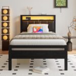 Twin Bed Frame with Charging Station & LED Lights,Storage Upholstered Headboard,Metal Bed Frame Twin Size Bed Frames No Box Spring Needed,Mattress Beds Base,Heavy Duty Steel Slats,Black - Image 2