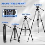 Video Tripod, COMAN 74" Professional Heavy Duty Camera Tripods with Quick Release Plate and 360° Fluid Head, Tall Travel Tripod Stand for DSLR, Camcorder, Aluminum Twin Tube Leg, Max Load:17.6lbs/8Kg - Image 4