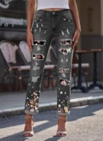 EVALESS Ripped Jeans for Women Plaid Patch Boyfriend Skinny Distressed Denim Jean Pants - Image 3
