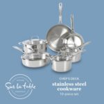 Sur La Table Kitchen Essentials Chef's Deck 10 Piece Stainless Steel Non Toxic Pots and Pans Kitchen Cookware Set w/Triply Encapsulated Base - Induction Safe - Image 3