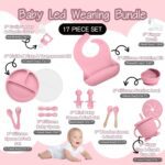 Baby Led Weaning Supplies, 17 Piece BPA-Free Silicone Feeding Set, Eating Essentials Baby Utensils with Suction Plate and Bowl, Pocket Bib, Sippy Cup with Lid, for 6+ Months, Pink - Image 3