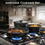 Astercook 21 Pcs Pots and Pans Set Non Stick, Ceramic Cookware Set Detachable Handle, RV Kitchen Cooking Set Removable Handles, Oven Safe, Induction Ready, Stackable Non-stick Set, Black - Image 3