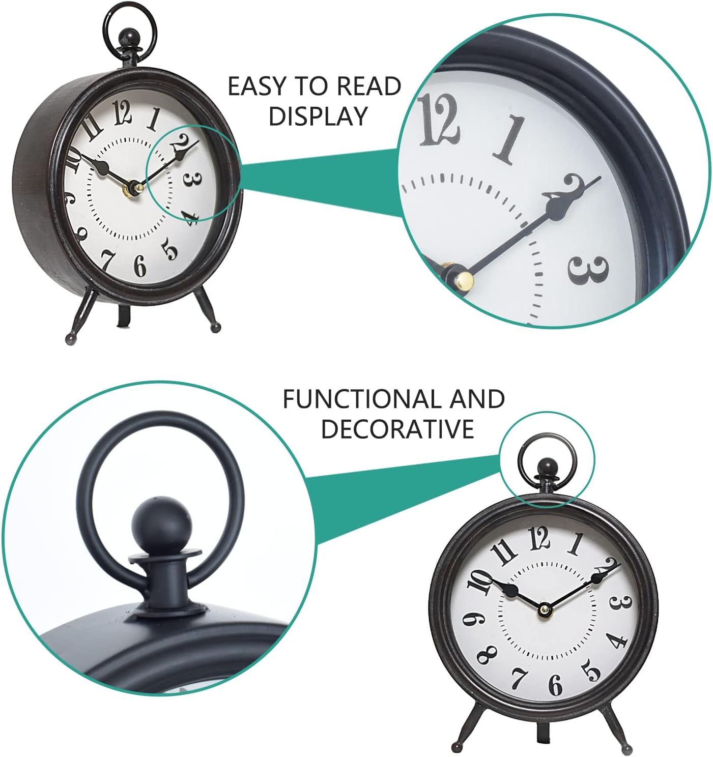 Vintage Black Table Clock on Stand, Decorative Desk and Shelf Clock, Rustic Mantel Clock Farmhouse Clock Non-Ticking - Image 7