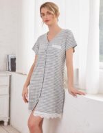 Ekouaer Nightgowns for Women Button Down Nightgown Striped Dress Short Sleeve Sleepwear S-3XL - Image 3