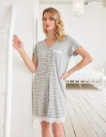 Ekouaer Nightgowns for Women Button Down Nightgown Striped Dress Short Sleeve Sleepwear S-3XL - Image 4