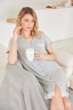 Ekouaer Nightgowns for Women Button Down Nightgown Striped Dress Short Sleeve Sleepwear S-3XL - Image 6
