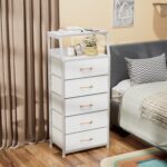 Furnulem White Dresser with 5 Drawers, Vertical Storage Tower Fabric Dresser for Bedroom, Hallway, Entryway, Nursery, Closet Organizer, Nightstand Bedside Table Furniture, Sturdy Steel Frame, Wood Top - Image 3