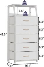 Furnulem White Dresser with 5 Drawers, Vertical Storage Tower Fabric Dresser for Bedroom, Hallway, Entryway, Nursery, Closet Organizer, Nightstand Bedside Table Furniture, Sturdy Steel Frame, Wood Top - Image 4