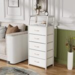 Furnulem White Dresser with 5 Drawers, Vertical Storage Tower Fabric Dresser for Bedroom, Hallway, Entryway, Nursery, Closet Organizer, Nightstand Bedside Table Furniture, Sturdy Steel Frame, Wood Top - Image 7