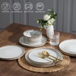 E-far 12-Piece Plates and Bowls Sets, Stoneware Dinnerware Dishes Sets for 4, Kitchen Modern Dining Dishware, Chip & Scratch Resistant, Microwave & Dishwasher Safe, Creamy Beige - Image 4