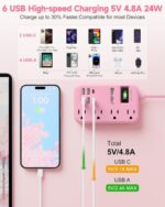 6 USB(2 USB C) Pink Extension Cord- 5Ft Pink Travel Power Strip with 24W USB Charging Station and 4 Outlets, Pink Desk Accessories with Surge Protector for Cute Kawaii Pink Gifts College Dorm Desk - Image 3