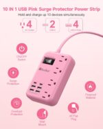 6 USB(2 USB C) Pink Extension Cord- 5Ft Pink Travel Power Strip with 24W USB Charging Station and 4 Outlets, Pink Desk Accessories with Surge Protector for Cute Kawaii Pink Gifts College Dorm Desk - Image 4