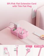 6 USB(2 USB C) Pink Extension Cord- 5Ft Pink Travel Power Strip with 24W USB Charging Station and 4 Outlets, Pink Desk Accessories with Surge Protector for Cute Kawaii Pink Gifts College Dorm Desk - Image 5
