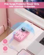 6 USB(2 USB C) Pink Extension Cord- 5Ft Pink Travel Power Strip with 24W USB Charging Station and 4 Outlets, Pink Desk Accessories with Surge Protector for Cute Kawaii Pink Gifts College Dorm Desk - Image 6