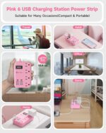 6 USB(2 USB C) Pink Extension Cord- 5Ft Pink Travel Power Strip with 24W USB Charging Station and 4 Outlets, Pink Desk Accessories with Surge Protector for Cute Kawaii Pink Gifts College Dorm Desk - Image 9