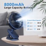 Portable Misitng Fan, 8000mAh Battery Operated Clip On Fan with Clip for Desk, Auto Oscillating, 3 Speeds, 2 Mist Modes with Remote, Working Time for Home Stroller Office and Outdoor - Image 4