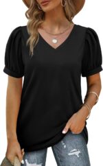 Geifa Womens Summer Tops Puff Short Sleeve V Neck T Shirts Loose Casual Tshirts - Image 3