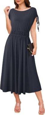 Newshows Womens 2025 Summer Drawstring Cap Sleeve Boat Neck Smocked Casual Vacation Outfits Vestidos Midi Dress - Image 3