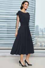 Newshows Womens 2025 Summer Drawstring Cap Sleeve Boat Neck Smocked Casual Vacation Outfits Vestidos Midi Dress - Image 4