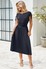 Newshows Womens 2025 Summer Drawstring Cap Sleeve Boat Neck Smocked Casual Vacation Outfits Vestidos Midi Dress - Image 6