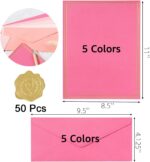50 Pack Colored Stationery Set, 5 Colors #10 Business Envelopes, 50 Sheets 8.5x11 Paper Sheet and Gold Stickers for Office, Letters, Invitations (Pink) - Image 3