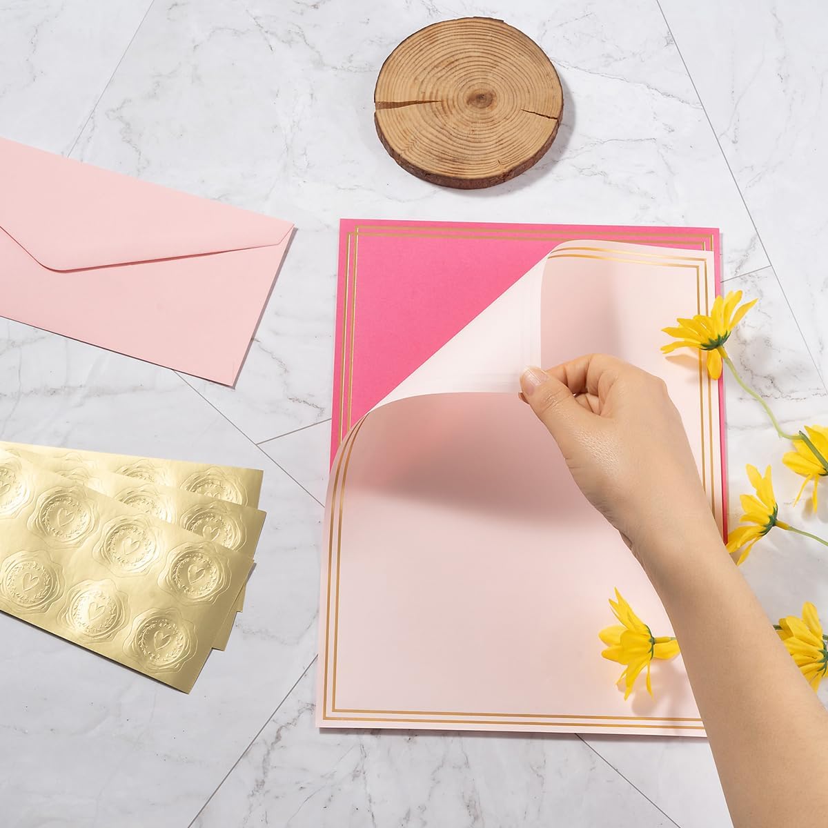 50 Pack Colored Stationery Set, 5 Colors #10 Business Envelopes, 50 Sheets 8.5x11 Paper Sheet and Gold Stickers for Office, Letters, Invitations (Pink) - Image 4