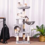 Heybly Cat Tree with Toy, Cat Tower condo for Indoor Cats, Cat House with Padded Plush Perch, Cozy Hammock and Sisal Scratching Posts, Light Gray HCT004SW - Image 3