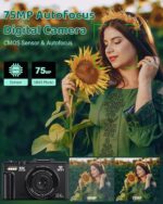 5K Digital Camera - WiFi 75MP Cameras for Photography - UHD Vlogging Camera for YouTube with 3" 180° Flip Screen - Autofocus Compact Video Travel Camara with 18X Zoom, 32GB SD Card, 2 Batteries - Image 3