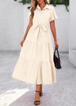KIRUNDO Summer Button Down Wedding Guest Shirt Dresses for Women Maxi Flutter Short Sleeve Flowy Tiered Beach Sun Dress - Image 4