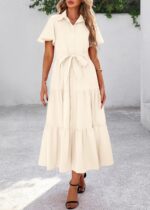 KIRUNDO Summer Button Down Wedding Guest Shirt Dresses for Women Maxi Flutter Short Sleeve Flowy Tiered Beach Sun Dress - Image 5