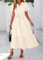 KIRUNDO Summer Button Down Wedding Guest Shirt Dresses for Women Maxi Flutter Short Sleeve Flowy Tiered Beach Sun Dress - Image 6