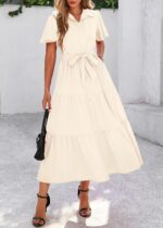 KIRUNDO Summer Button Down Wedding Guest Shirt Dresses for Women Maxi Flutter Short Sleeve Flowy Tiered Beach Sun Dress - Image 7