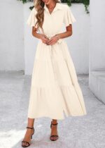 KIRUNDO Summer Button Down Wedding Guest Shirt Dresses for Women Maxi Flutter Short Sleeve Flowy Tiered Beach Sun Dress - Image 8