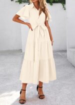 KIRUNDO Summer Button Down Wedding Guest Shirt Dresses for Women Maxi Flutter Short Sleeve Flowy Tiered Beach Sun Dress - Image 9