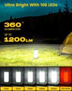 Glocusent 106 LED Camping Lantern Rechargeable, Up to 80Hrs, 5000mAh Lantern with 5 Brightness 3 Modes & SOS, IP68 Waterproof, Max 1200LM, Camping Light for Power Outages Hiking Emergency Hurricane - Image 3