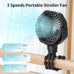 Lerat Portable Stroller Fan With Flexible Tripod, 3 Speeds Rechargeable Handheld Personal Fan, 360 Rotate Battery Operated Clip On Fans for Car Seat Crib Bike Treadmill Black - Image 7