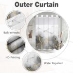 No Hook Shower Curtain with Snap in Liner Set, Abstract Grey White and Gold Marble Texture Shower Curtains for Bathroom Hotel Decor, Waterproof 71x74 Inch - Image 5