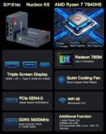 GMKtec Mini Gaming PC AMD Ryzen 7 7840HS Desktop Computers 16GB DDR5 (16GB*1) 1TB PCIe4.0 SSD, USB4.0, Dual NIC LAN 2.5Gbps/ HDMI, DP/USB-C4.0, WiFi 6E, BT 5.2 Nucbox K6 - Image 3