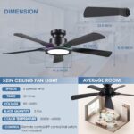Ceiling Fans with Lights and Remote/APP Control, 52" Low Profile Flush Mount Ceiling Fan with Dimmable RGB Ring Light, 5 Reversible Curved Blades 3 CCT 6 Speeds for Bedroom Party, Black - Image 5