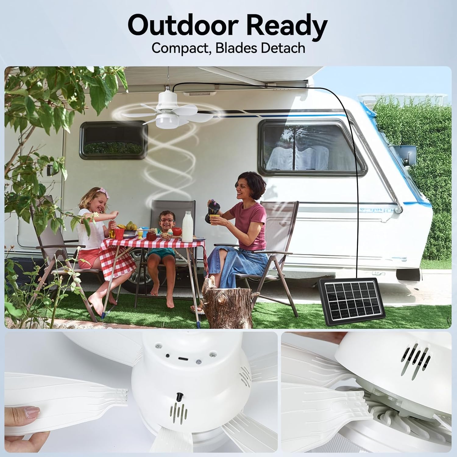 Portable Solar Ceiling Fan with Light & Remote, Dual Type-C/Solar Charging, 3CCT, 5 Brightness, 3 Speeds, 2/4/8H Timer, Tool-Free Setup, 30dB Quiet, Memory Function, 18.5" for Camping, Outdoor - Image 4