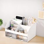 Desk Organizer with 6 Compartments and 2 Drawers, Plastic Makeup Organizer, Pen Holder for Desktop Storage, Desk Organization for School, Home, Office Supplies (White) - Image 7