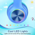Kids Bluetooth 6.0 Headphones with LED Light, 85Hours Playtimes, Type-C Fast Charging, 85/94dB Volume Limited, Comfort Wireless Headphones with Built-in Mic, Wired & TF Card Mode, Blue - Image 4