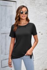 Herou Summer Women Casual Short Sleeve Tops T-Shirts Tees with Side Split - Image 9