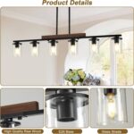 47.2'' Kitchen Island Light Fixtures, 6-Light Dining Room Light Fixture Chandelier Over Table, Black Modern Rustic Wood Ceiling Pendant Light Fixtures, with Clear Glass Shade, Farmhouse Chandelier - Image 4