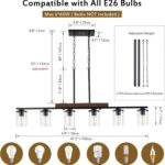 47.2'' Kitchen Island Light Fixtures, 6-Light Dining Room Light Fixture Chandelier Over Table, Black Modern Rustic Wood Ceiling Pendant Light Fixtures, with Clear Glass Shade, Farmhouse Chandelier - Image 5